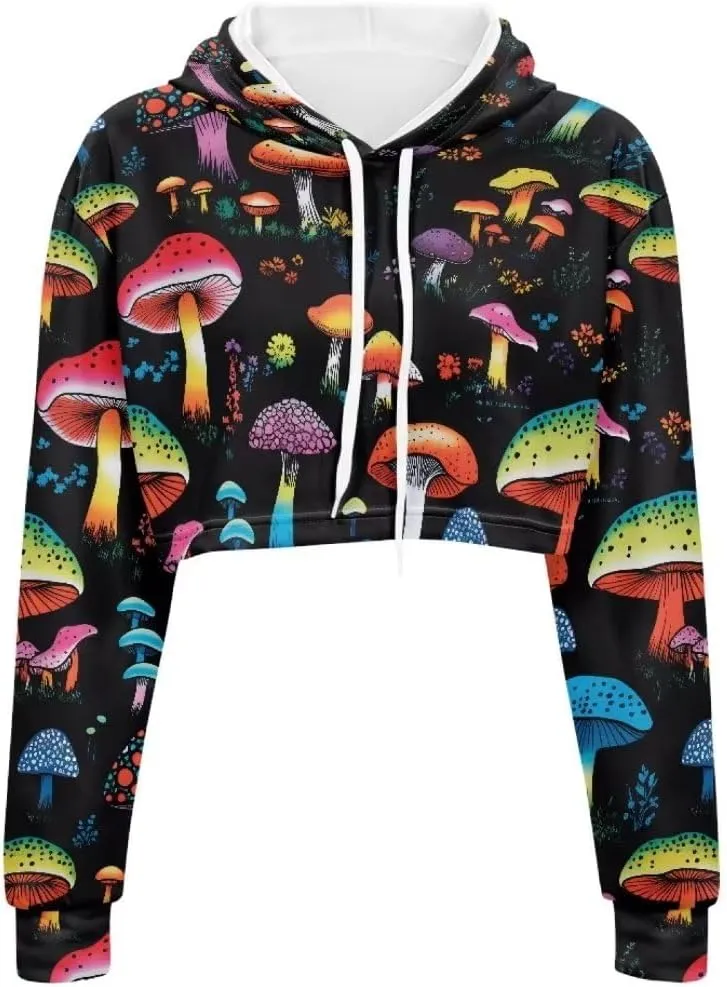 Cozy Sweatshirts Hoodies for Women Long Sleeve All-Over Print Drawstring Crop Hoodies Tops Fall Outfits Jacket
