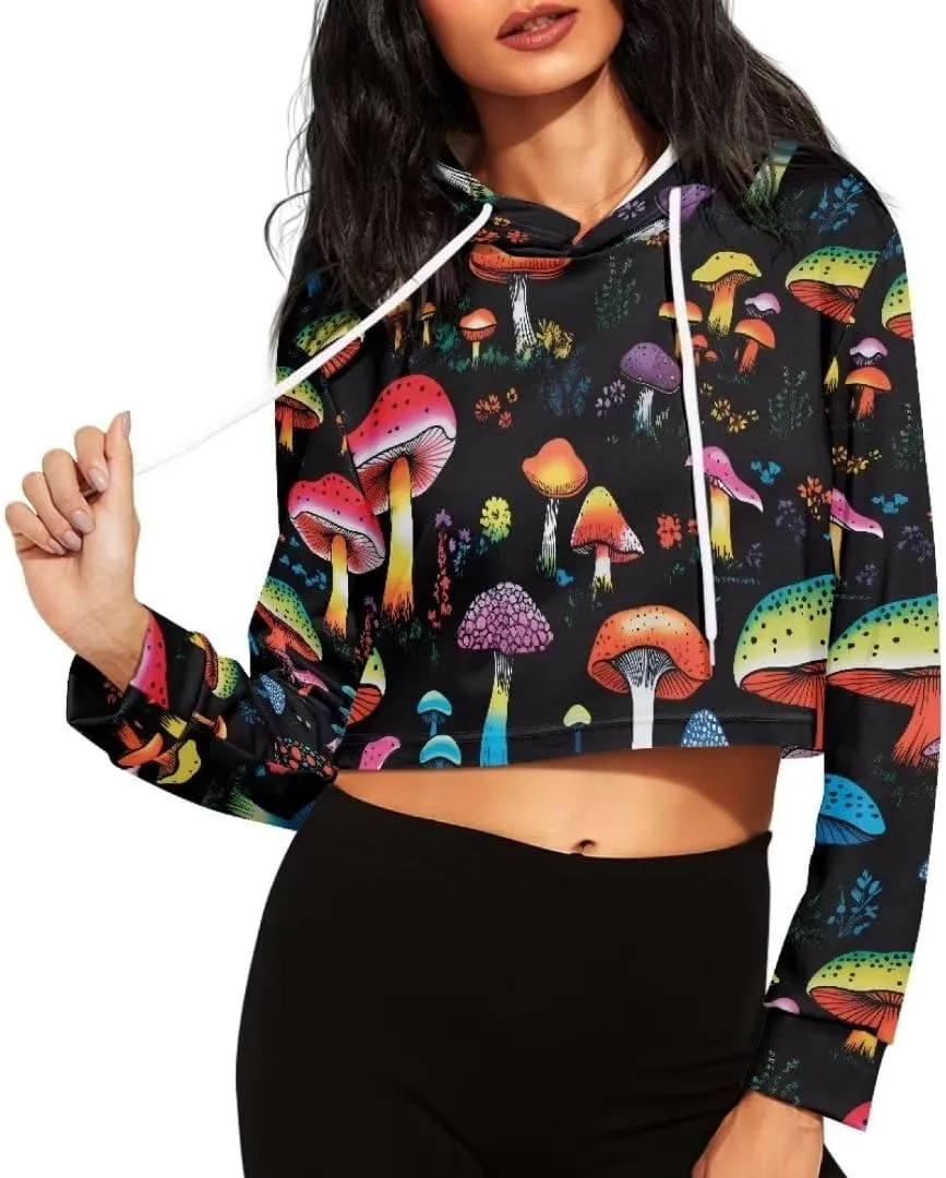 Cozy Sweatshirts Hoodies for Women Long Sleeve All-Over Print Drawstring Crop Hoodies Tops Fall Outfits Jacket