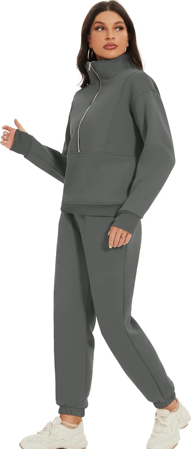 COZYPOIN Women's Sweatsuit Sets 2 Piece Fleece Outfit Half Zip Sweatshirt and Joggers Pants Tracksuit