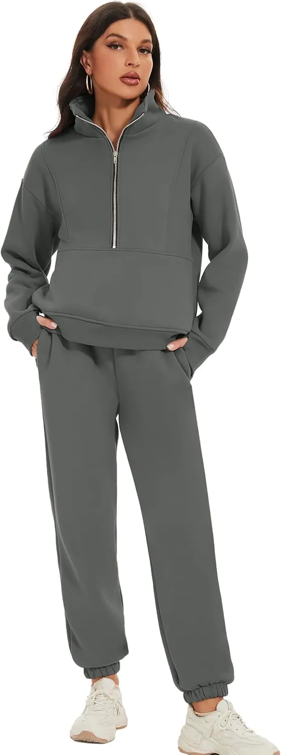 COZYPOIN Women's Sweatsuit Sets 2 Piece Fleece Outfit Half Zip Sweatshirt and Joggers Pants Tracksuit