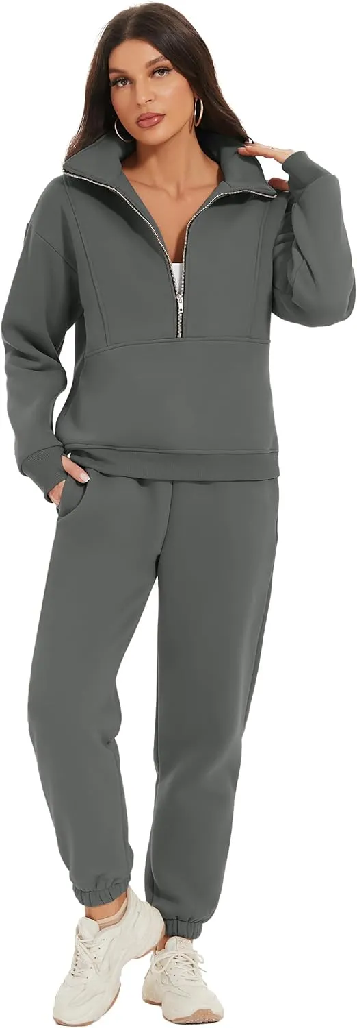 COZYPOIN Women's Sweatsuit Sets 2 Piece Fleece Outfit Half Zip Sweatshirt and Joggers Pants Tracksuit