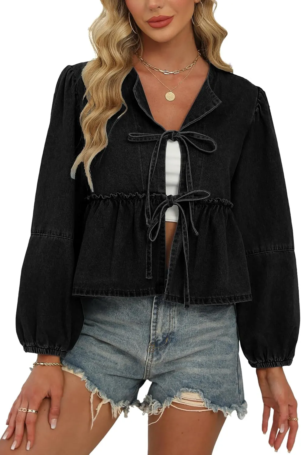 D-Sun Women V-Neck Tie Front Denim Shirt Peplum Babydoll Jean Blouse Long Puff Sleeves Y2K Cropped Bow Open Front Top Jacket