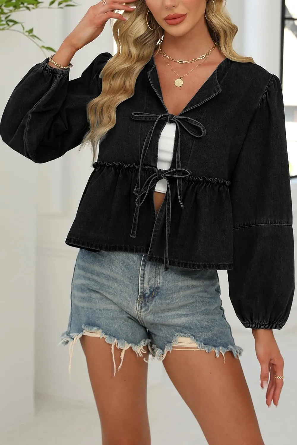D-Sun Women V-Neck Tie Front Denim Shirt Peplum Babydoll Jean Blouse Long Puff Sleeves Y2K Cropped Bow Open Front Top Jacket