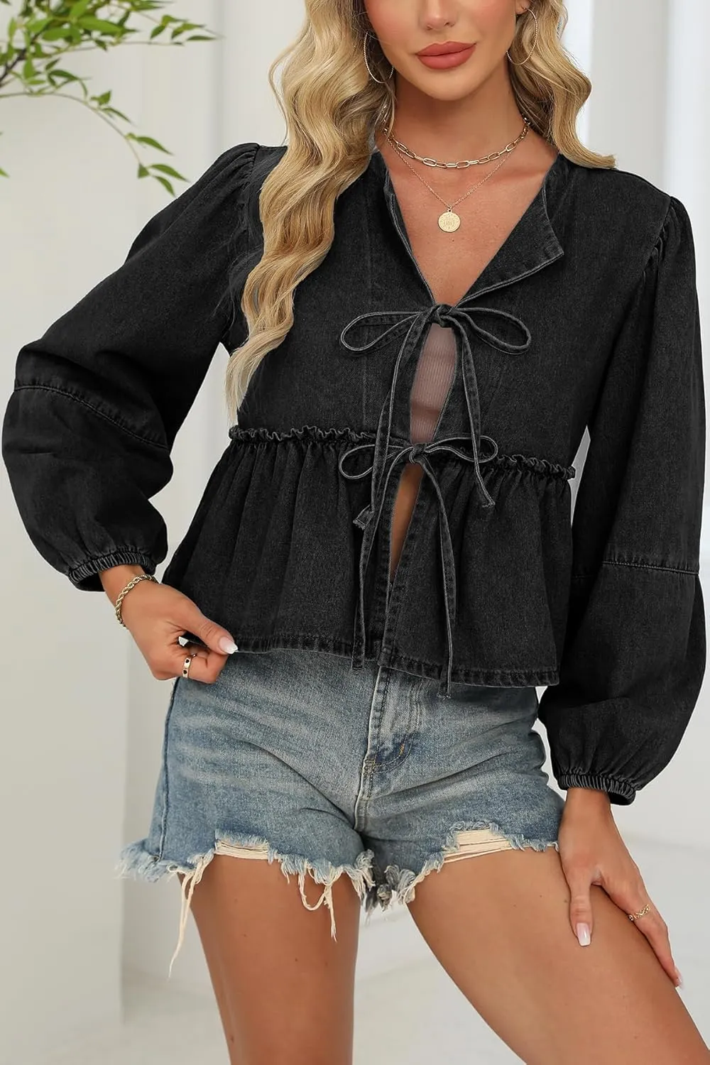 D-Sun Women V-Neck Tie Front Denim Shirt Peplum Babydoll Jean Blouse Long Puff Sleeves Y2K Cropped Bow Open Front Top Jacket