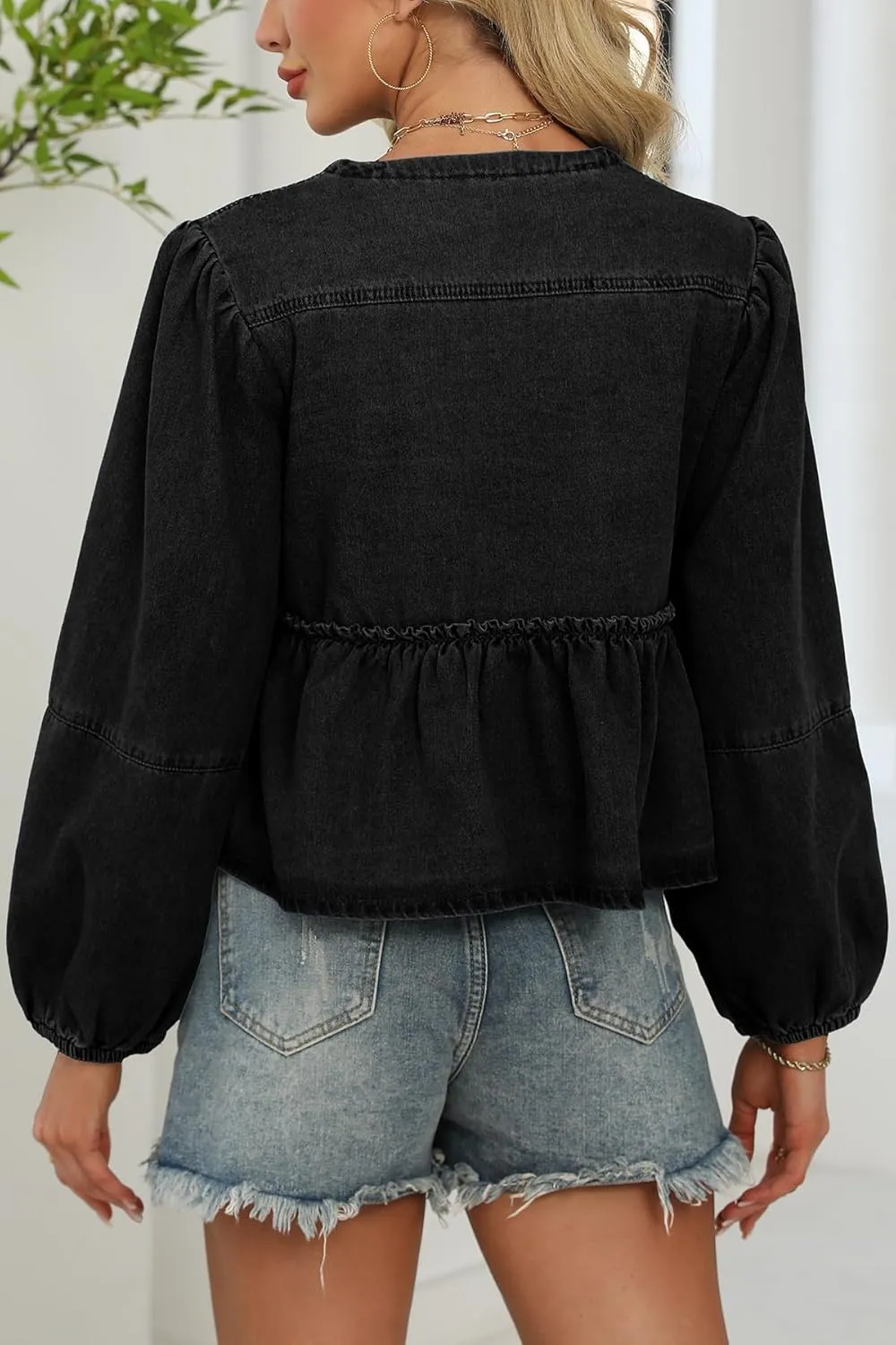 D-Sun Women V-Neck Tie Front Denim Shirt Peplum Babydoll Jean Blouse Long Puff Sleeves Y2K Cropped Bow Open Front Top Jacket