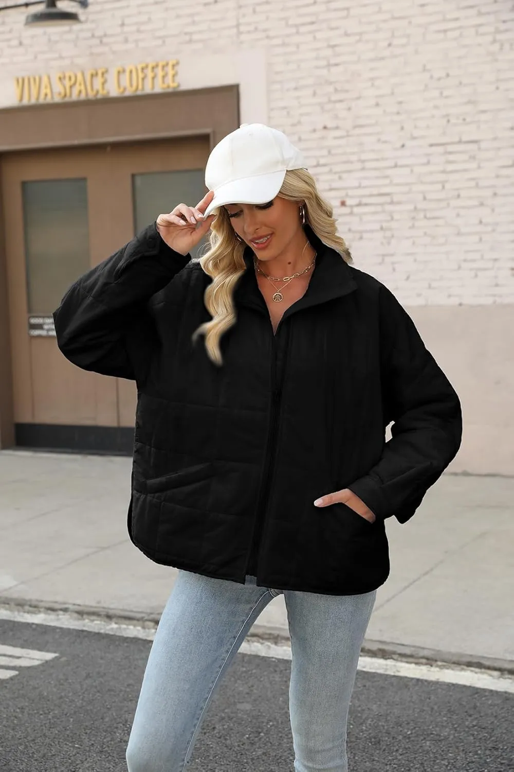 D-Sun Womens Quilted Jacket Lightweight Down Oversized Zipper Long Sleeve Puffer Jacket Winter Coat