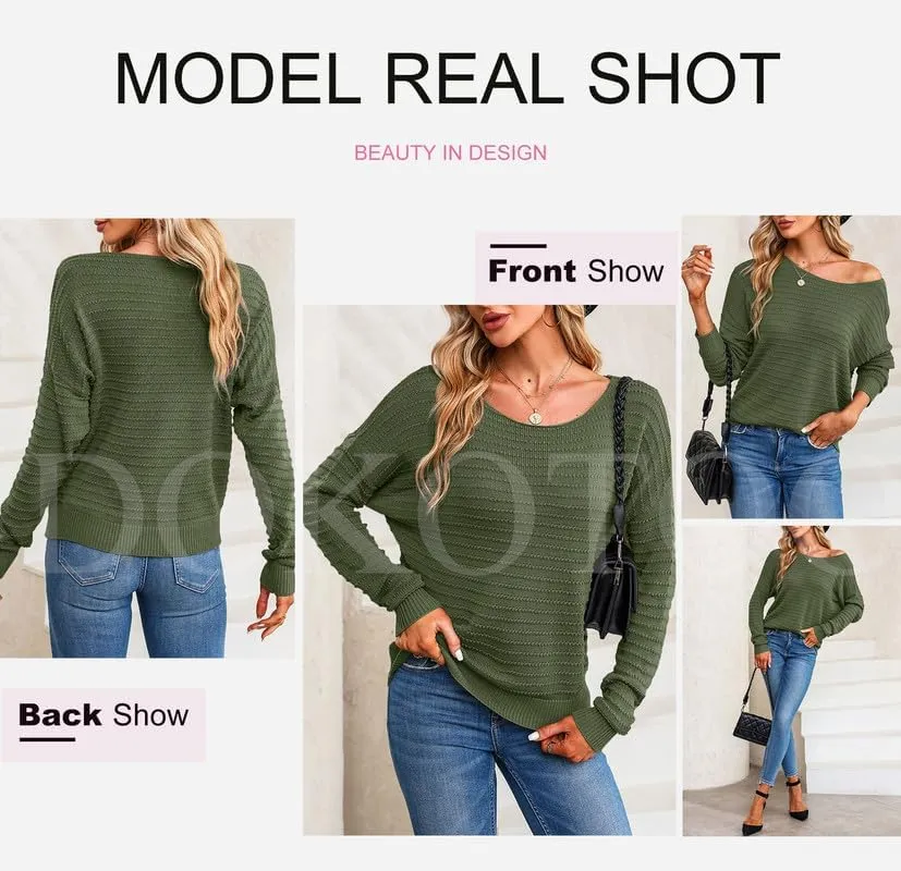 Dokotoo Womens Ribbed Knit Textured Drop Shoulder Long Sleeve Crew Neck Pullover Sweaters