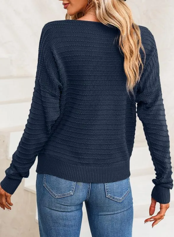 Dokotoo Womens Ribbed Knit Textured Drop Shoulder Long Sleeve Crew Neck Pullover Sweaters