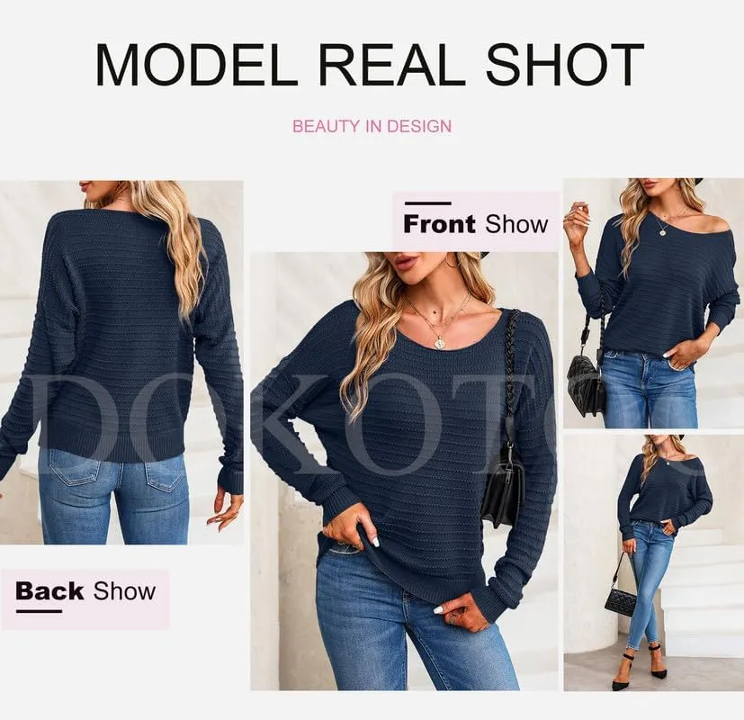 Dokotoo Womens Ribbed Knit Textured Drop Shoulder Long Sleeve Crew Neck Pullover Sweaters