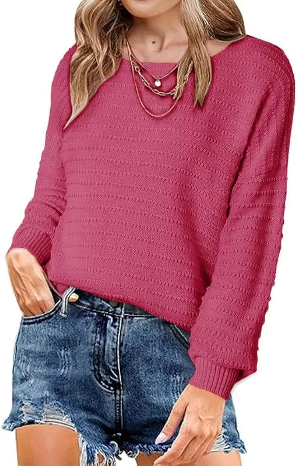 Dokotoo Womens Ribbed Knit Textured Drop Shoulder Long Sleeve Crew Neck Pullover Sweaters