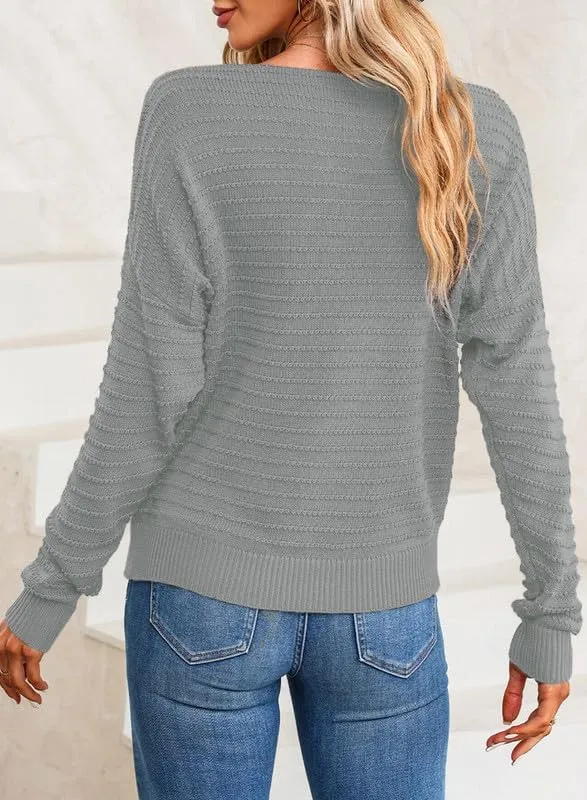 Dokotoo Womens Ribbed Knit Textured Drop Shoulder Long Sleeve Crew Neck Pullover Sweaters