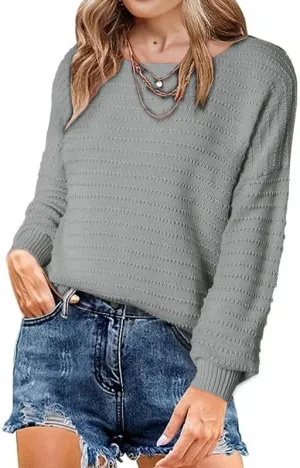 Dokotoo Womens Ribbed Knit Textured Drop Shoulder Long Sleeve Crew Neck Pullover Sweaters