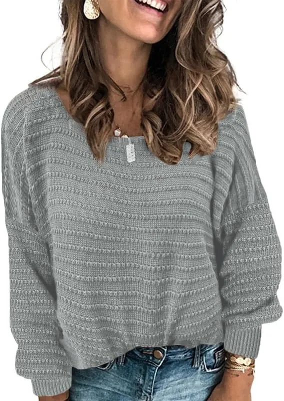 Dokotoo Womens Ribbed Knit Textured Drop Shoulder Long Sleeve Crew Neck Pullover Sweaters