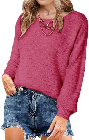 Dokotoo Womens Ribbed Knit Textured Drop Shoulder Long Sleeve Crew Neck Pullover Sweaters