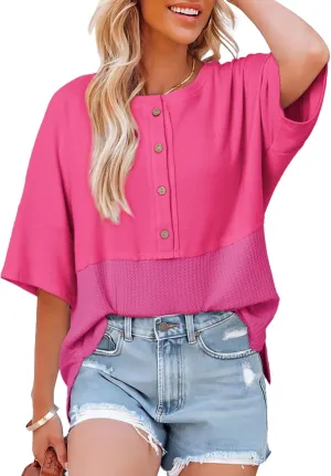 Dokotoo Womens Waffle Knit Tops 2025 Fashion 3/4 Sleeve Casual Button Down Shirts Crew Neck Oversized Patchwork Blouses