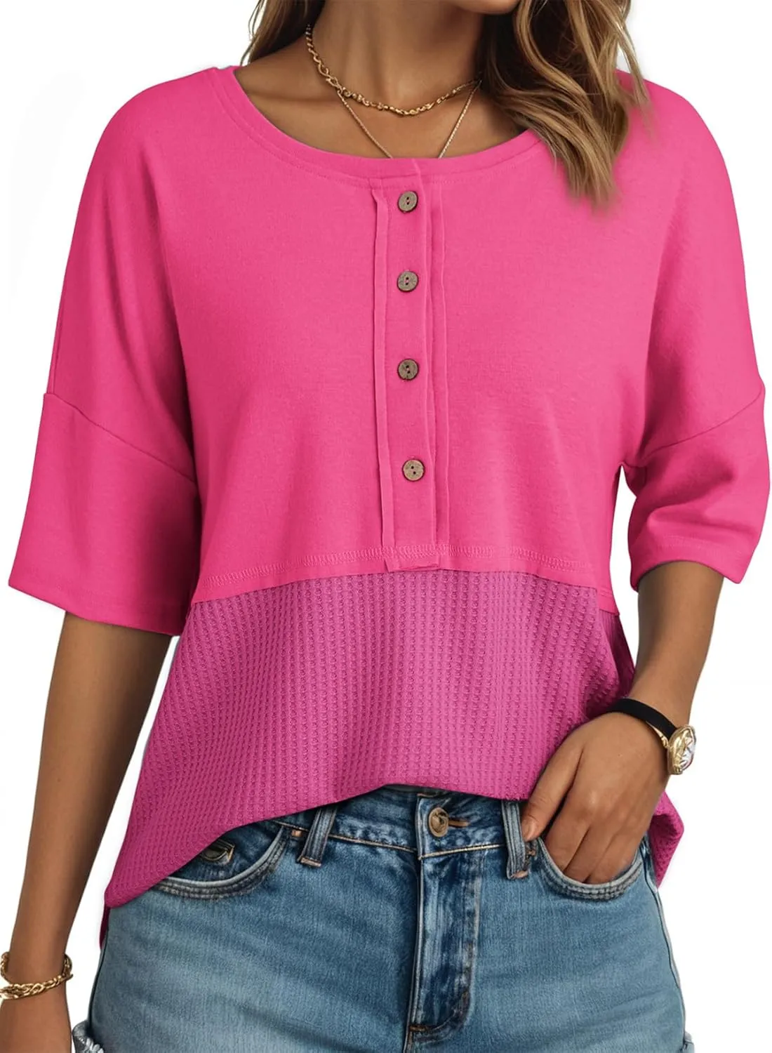 Dokotoo Womens Waffle Knit Tops 2025 Fashion 3/4 Sleeve Casual Button Down Shirts Crew Neck Oversized Patchwork Blouses