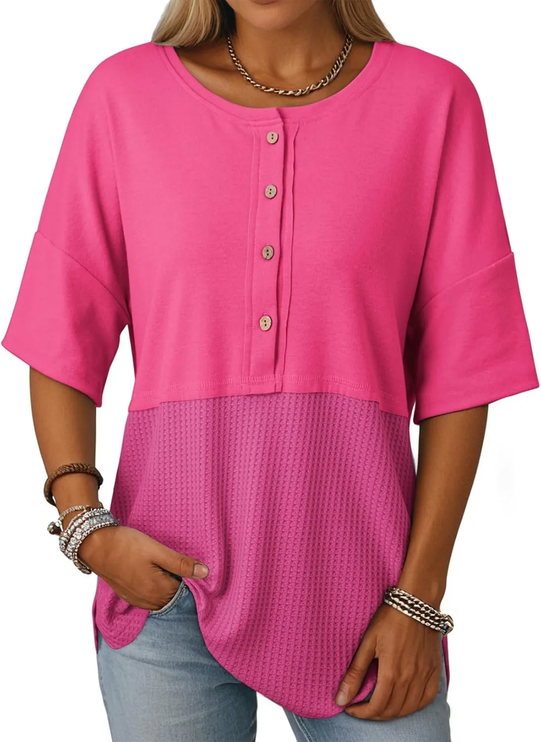 Dokotoo Womens Waffle Knit Tops 2025 Fashion 3/4 Sleeve Casual Button Down Shirts Crew Neck Oversized Patchwork Blouses