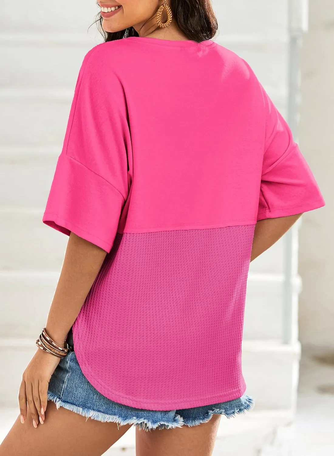 Dokotoo Womens Waffle Knit Tops 2025 Fashion 3/4 Sleeve Casual Button Down Shirts Crew Neck Oversized Patchwork Blouses