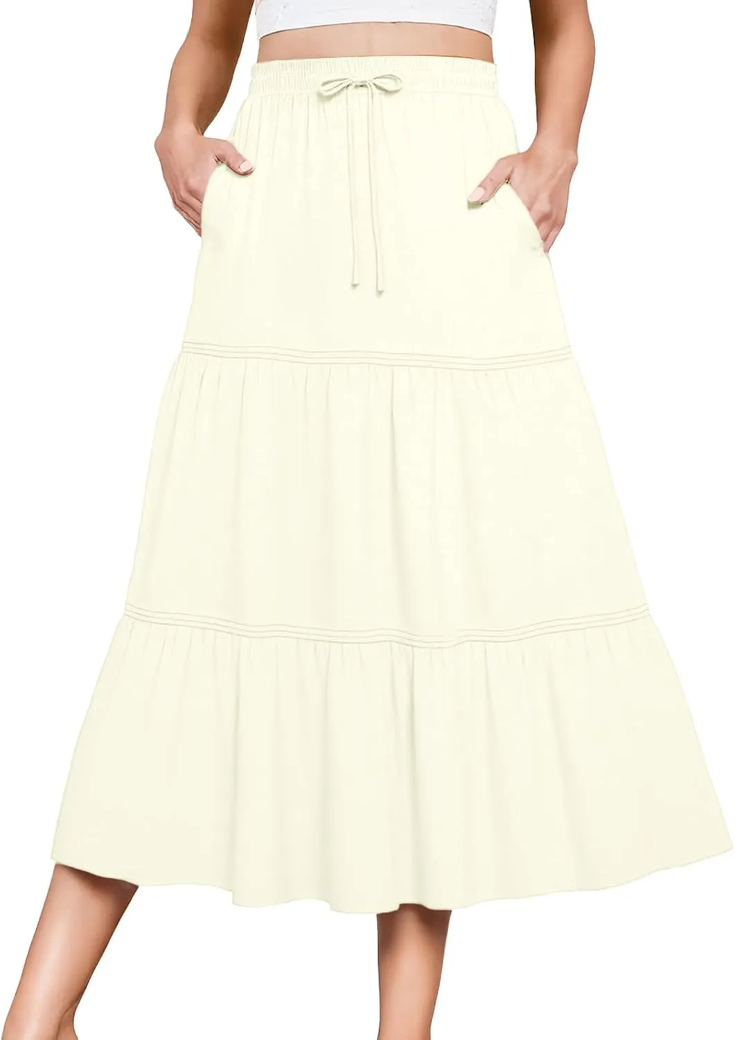 DRESSTELLS Women's Midi Skirts with Pockets Elastic High Waist Flowy Swing A Line Casual Long Skirt