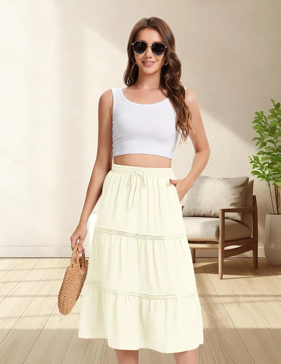 DRESSTELLS Women's Midi Skirts with Pockets Elastic High Waist Flowy Swing A Line Casual Long Skirt