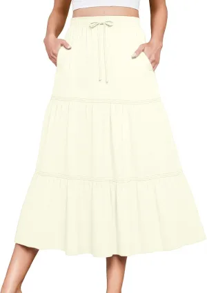 DRESSTELLS Women's Midi Skirts with Pockets Elastic High Waist Flowy Swing A Line Casual Long Skirt