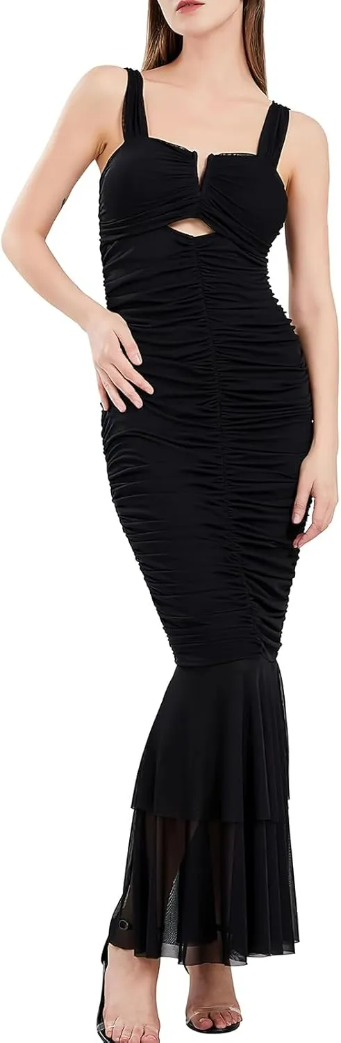 ebossy Women's Sexy Backless Zipper Pleated Ruffles Mermaid Fishtail Evening Party Bodycon Maxi Dress