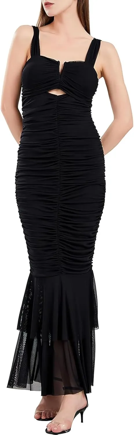 ebossy Women's Sexy Backless Zipper Pleated Ruffles Mermaid Fishtail Evening Party Bodycon Maxi Dress