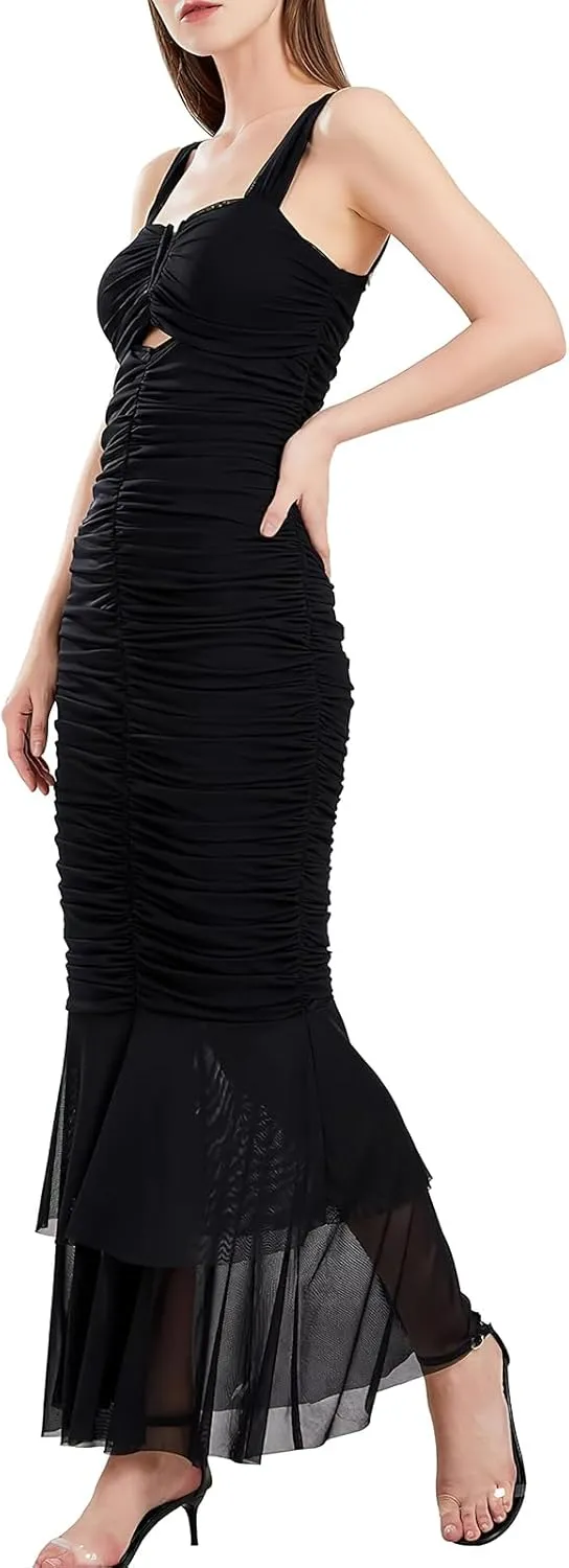 ebossy Women's Sexy Backless Zipper Pleated Ruffles Mermaid Fishtail Evening Party Bodycon Maxi Dress