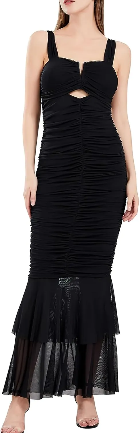 ebossy Women's Sexy Backless Zipper Pleated Ruffles Mermaid Fishtail Evening Party Bodycon Maxi Dress