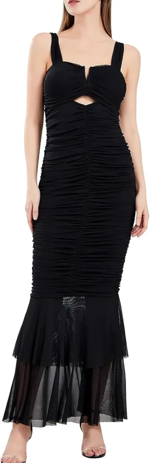 ebossy Women's Sexy Backless Zipper Pleated Ruffles Mermaid Fishtail Evening Party Bodycon Maxi Dress