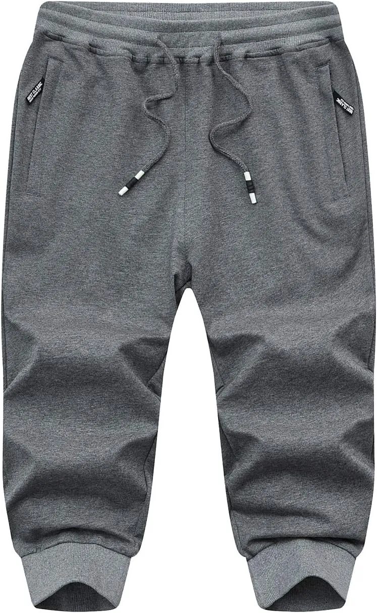 EKLENTSON Men's 3/4 Jogger Capri Pants Elastic Waist Below Knee Shorts Workout Gym Running Sweatpants with Zip Pockets