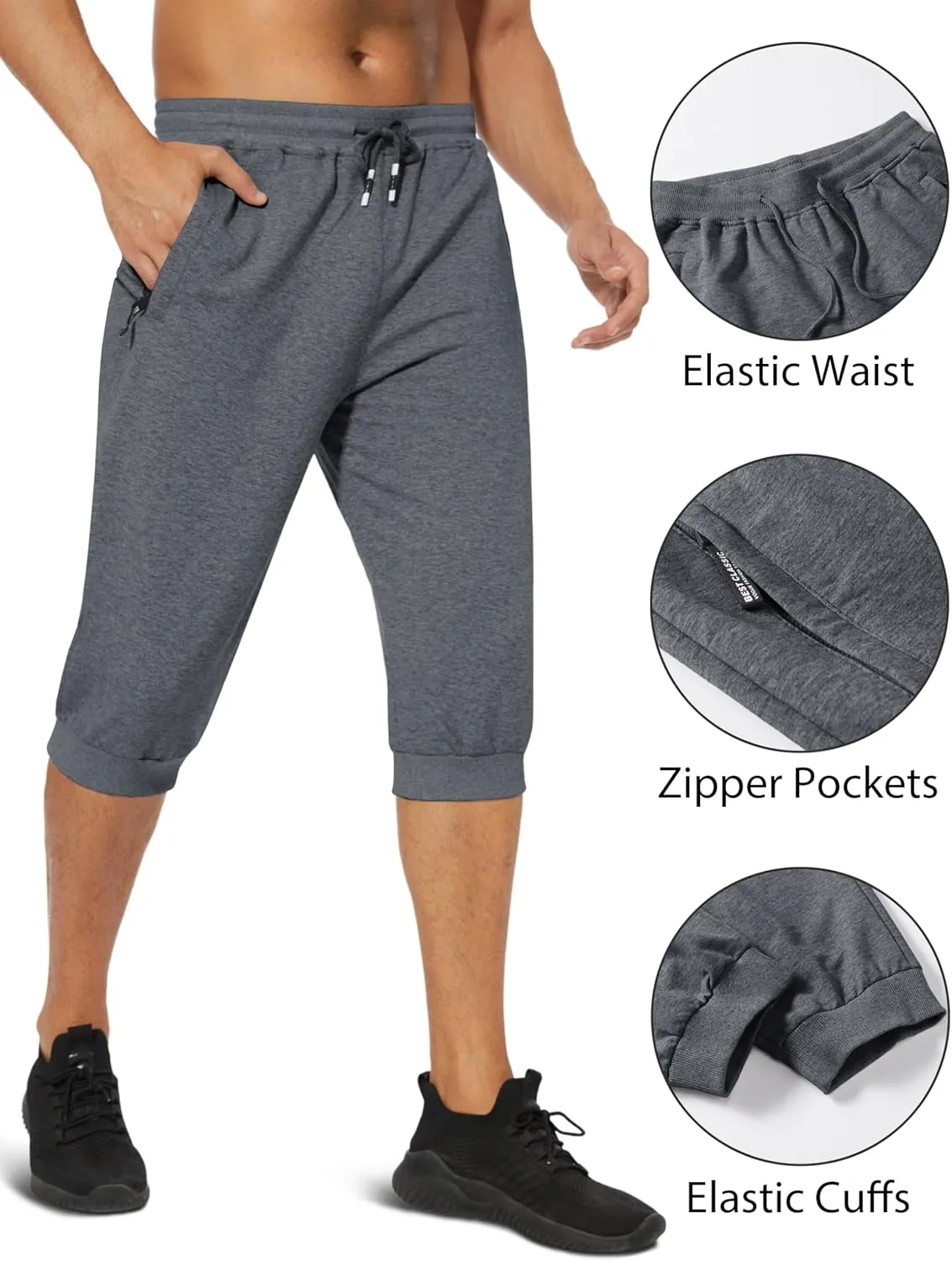 EKLENTSON Men's 3/4 Jogger Capri Pants Elastic Waist Below Knee Shorts Workout Gym Running Sweatpants with Zip Pockets