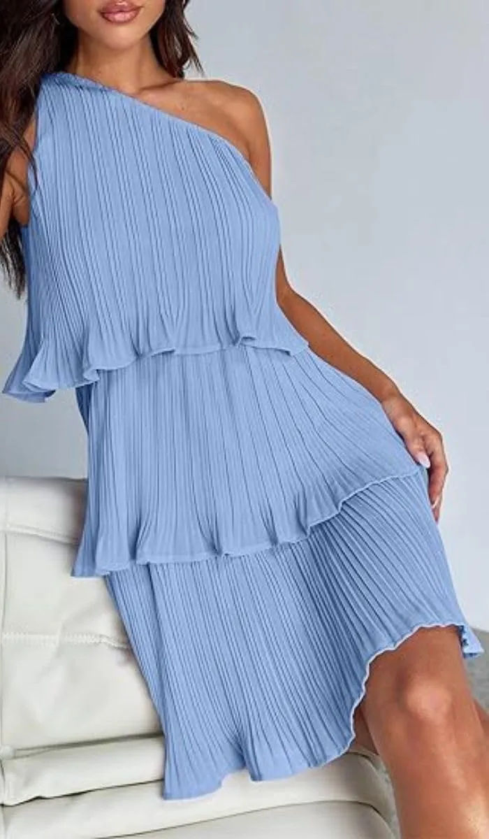 ELFTOWN Women's Summer Sleeveless Mini Dress Boho One Shoulder Ruffle Tiered Layered Chiffon Flowy Pleated A Line Dress