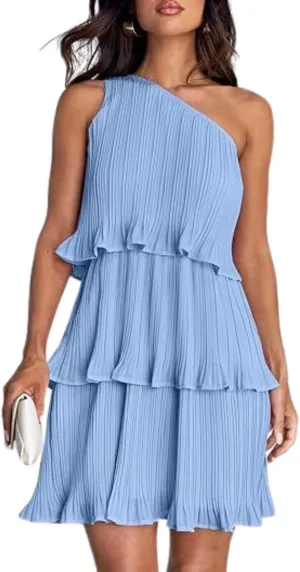 ELFTOWN Women's Summer Sleeveless Mini Dress Boho One Shoulder Ruffle Tiered Layered Chiffon Flowy Pleated A Line Dress