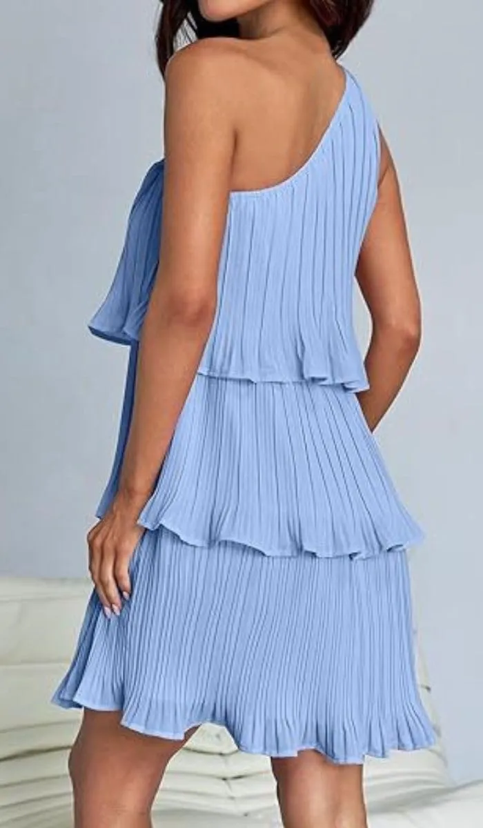 ELFTOWN Women's Summer Sleeveless Mini Dress Boho One Shoulder Ruffle Tiered Layered Chiffon Flowy Pleated A Line Dress