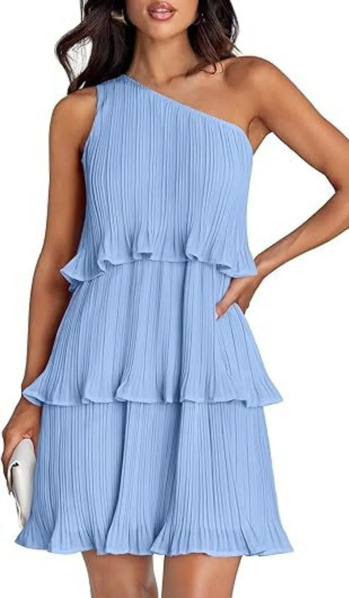 ELFTOWN Women's Summer Sleeveless Mini Dress Boho One Shoulder Ruffle Tiered Layered Chiffon Flowy Pleated A Line Dress