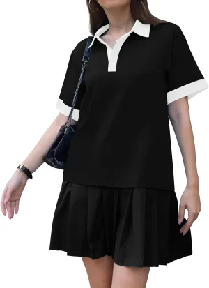 ETCYY NEW Summer Dresses for Women 2025 Polo Collar Sport or Daily Mini Dress Striped Colorblock