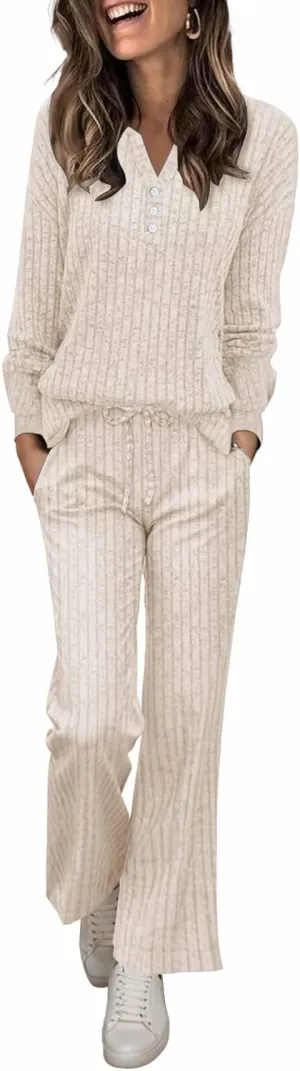 ETCYY NEW Womens Lightweight Pajamas Sets 2 Piece Lounge Sets Ribbed Knit Loungewear PJ with Pockets