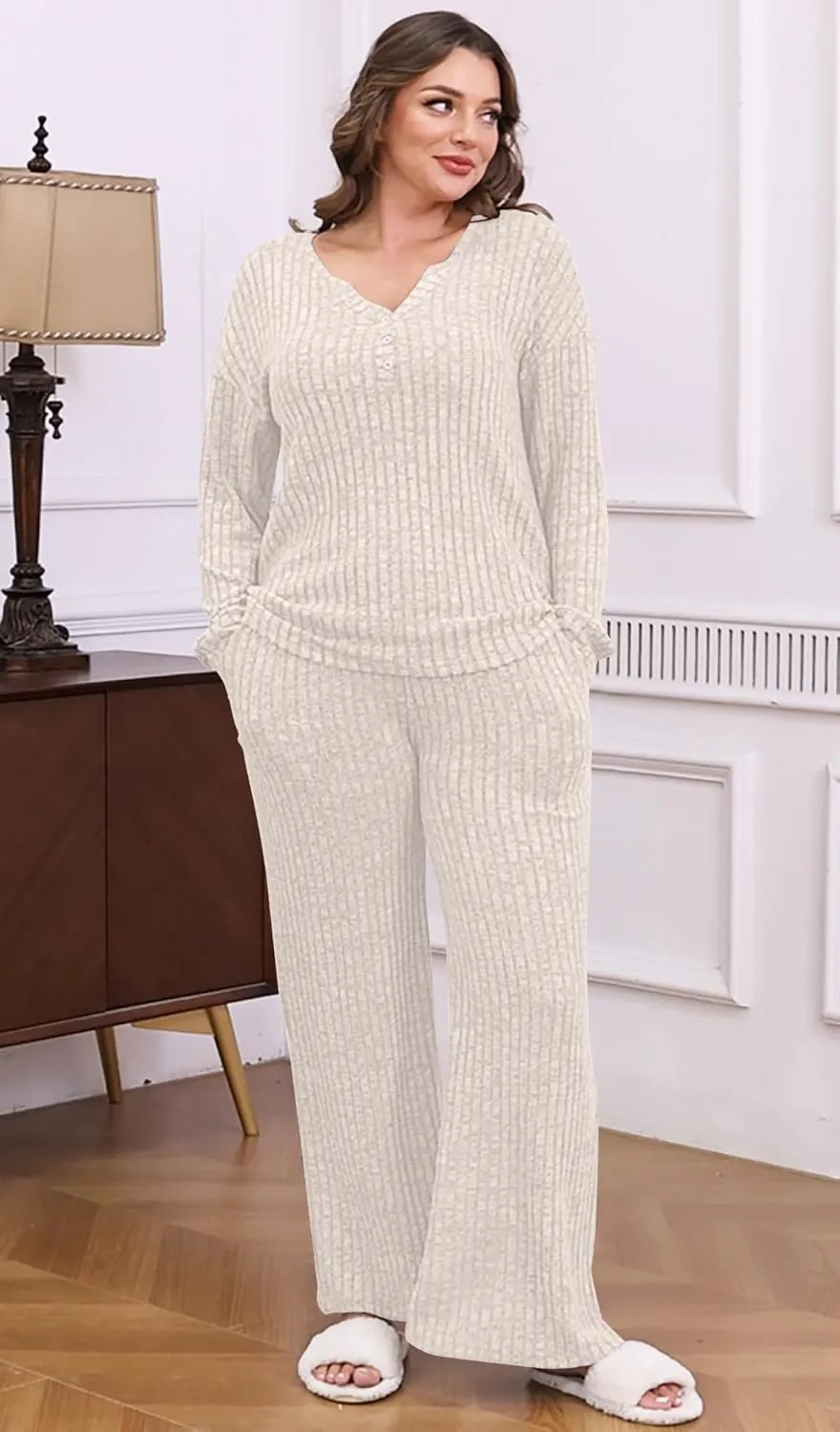 ETCYY NEW Womens Lightweight Pajamas Sets 2 Piece Lounge Sets Ribbed Knit Loungewear PJ with Pockets
