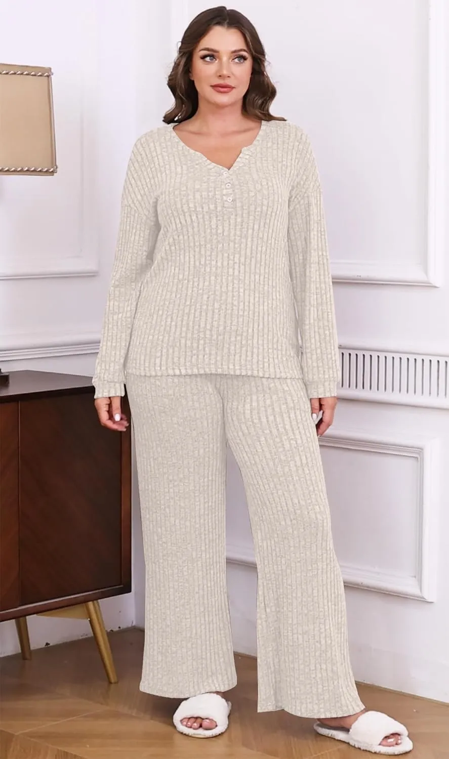 ETCYY NEW Womens Lightweight Pajamas Sets 2 Piece Lounge Sets Ribbed Knit Loungewear PJ with Pockets