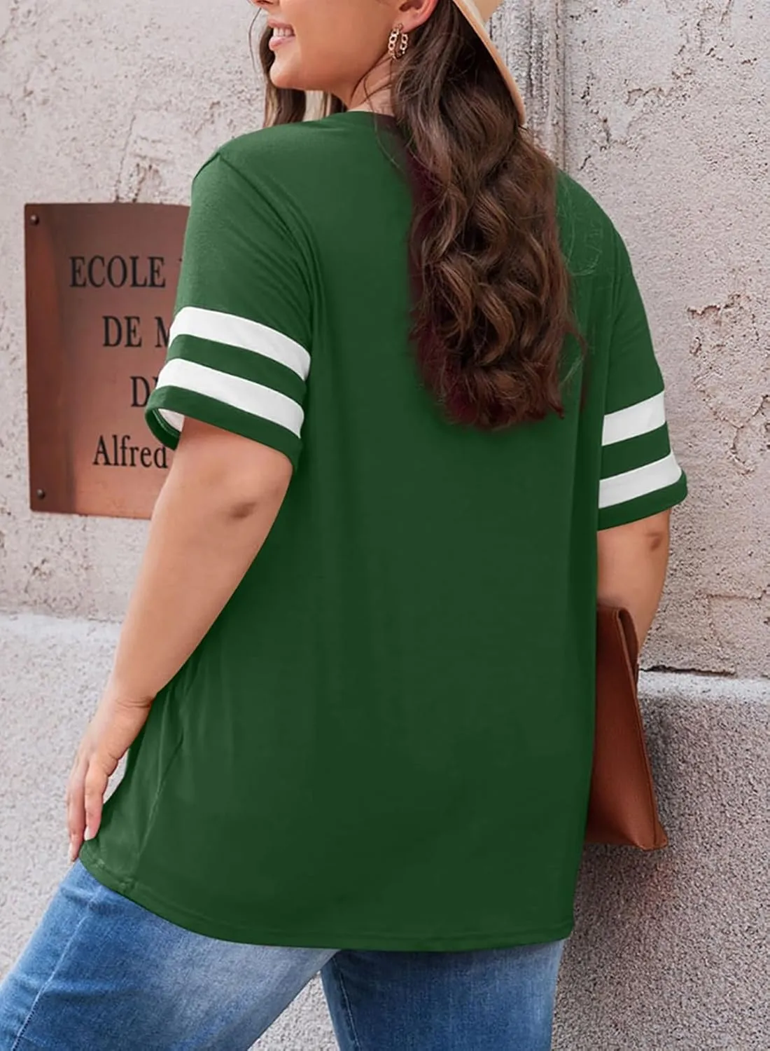 Eytino Women Plus Size Tops V Neck Short Sleeve Striped Causal Loose Blouse Shirts with Pocket(1X-5X)
