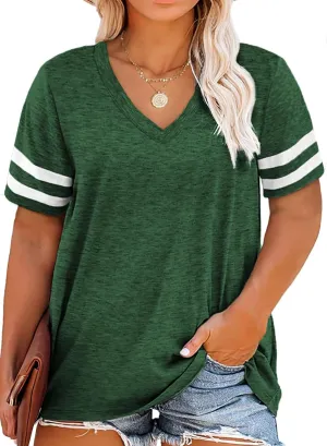 Eytino Women Plus Size Tops V Neck Short Sleeve Striped Causal Loose Blouse Shirts with Pocket(1X-5X)