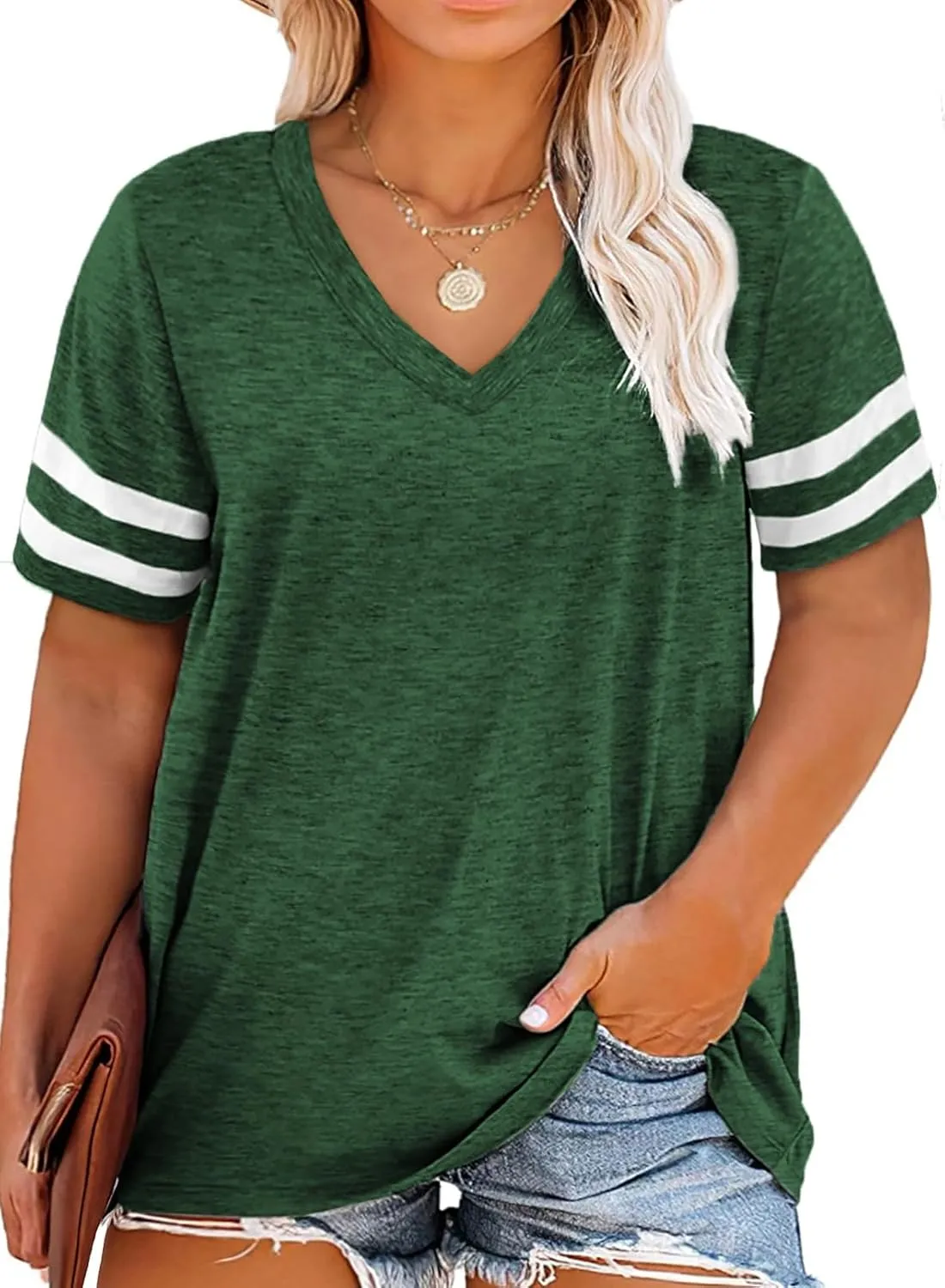 Eytino Women Plus Size Tops V Neck Short Sleeve Striped Causal Loose Blouse Shirts with Pocket(1X-5X)