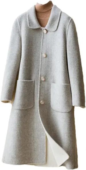 Fjnbbiot Autumn And Winter Double-Sided Cashmere Coat Women's Lapel Single Breasted Mid-Long Wool Blend Coat