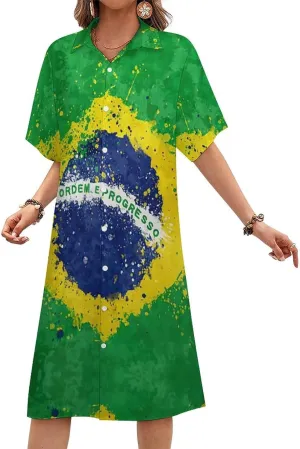 Flag Womens Summer Midi Short Sleeve Button Down Shirt Dress Stylish Beach Cover Up Dress