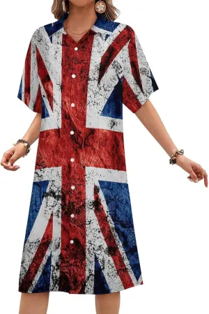 Flag Womens Summer Midi Short Sleeve Button Down Shirt Dress Stylish Beach Cover Up Dress