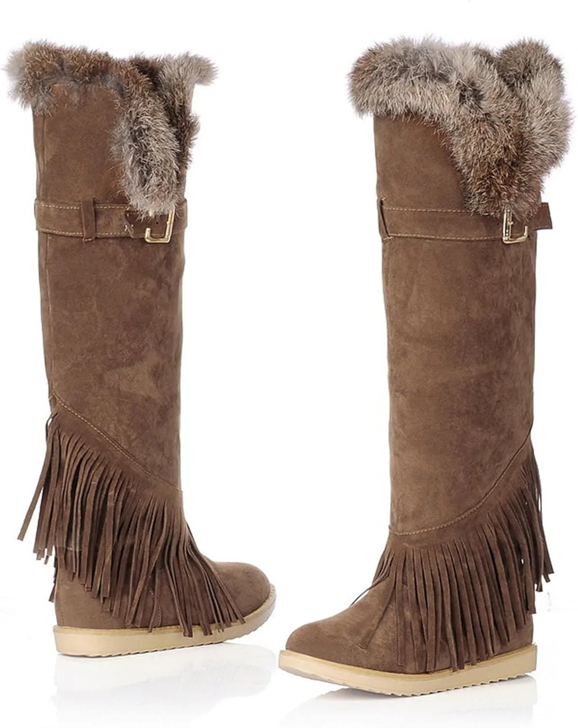 Flat Snow Boots for Women - Fashion Plush Fringed Pointed Toe Belt Buckle Slip-on Knee High Boots Winter Solid Velvet Warm Riding Boots Shoes