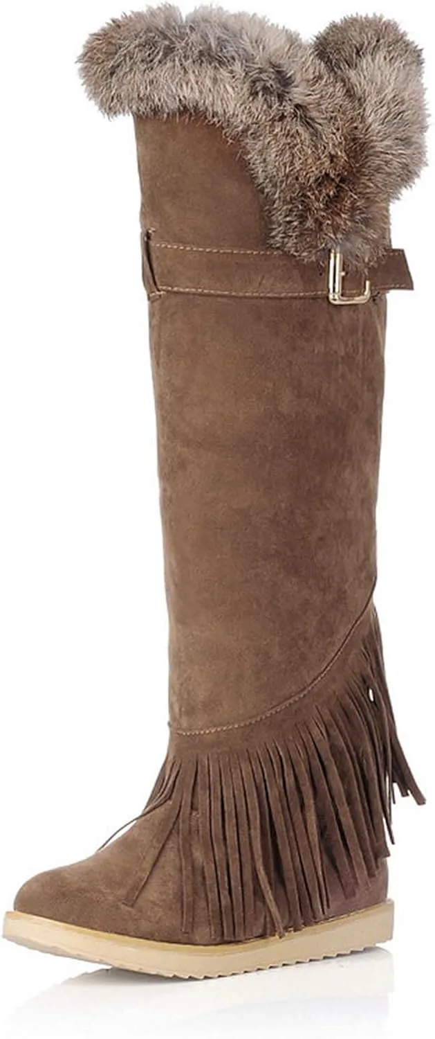 Flat Snow Boots for Women - Fashion Plush Fringed Pointed Toe Belt Buckle Slip-on Knee High Boots Winter Solid Velvet Warm Riding Boots Shoes