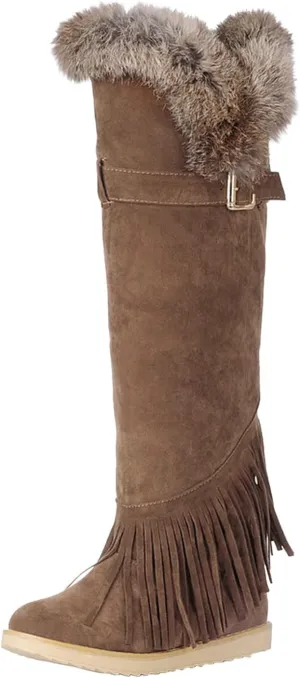 Flat Snow Boots for Women - Fashion Plush Fringed Pointed Toe Belt Buckle Slip-on Knee High Boots Winter Solid Velvet Warm Riding Boots Shoes
