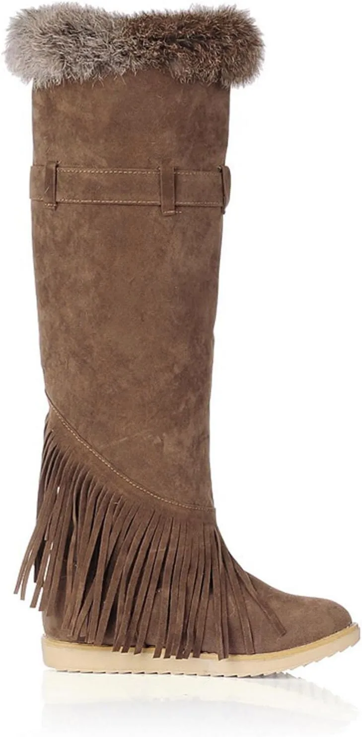 Flat Snow Boots for Women - Fashion Plush Fringed Pointed Toe Belt Buckle Slip-on Knee High Boots Winter Solid Velvet Warm Riding Boots Shoes